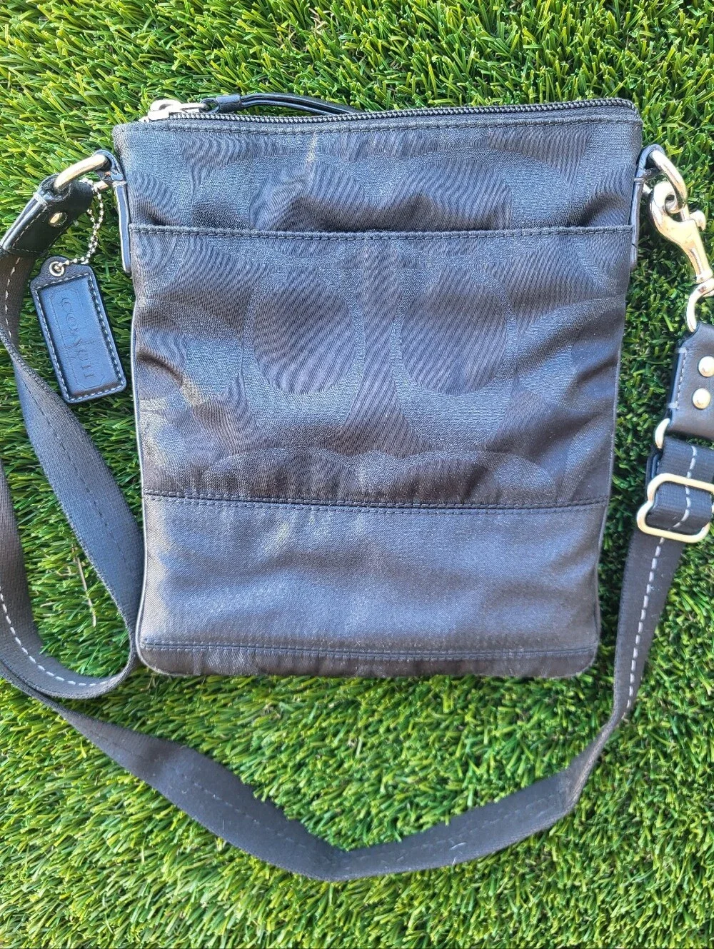 Coach Black Signature Stripe Studded Shimmer File Crossbody Bag